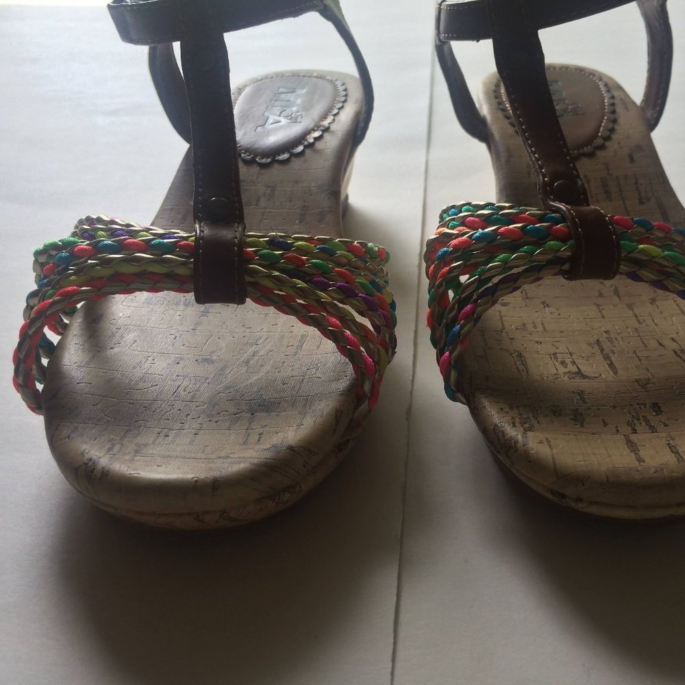 New Brown Sandals Girls 3 Wedge Shoe Neon Rainbow Multicolored - Picture 2 of 8